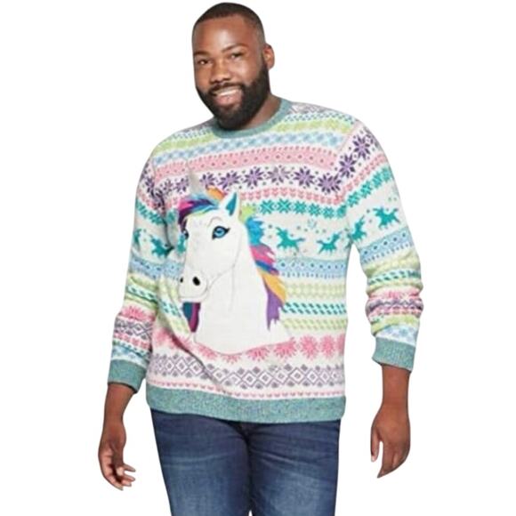 33 Degrees Ugly Holiday Christmas Rainbow Unicorn Long Sleeve Pullover Sweater - Picture 1 of 5
